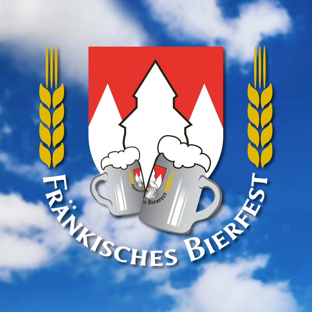 Veranstaltungslogo Fränkisches Bierfest; Grafik: 2 Steinbierkrüge, die anstoßen, vor Wappen Frankenrechen rot-weiß, mittlere Zacke als Burgturm dargestellt, umgeben von Schriftzug, der rechts und links in goldgelben Ähren endet; weiß-blauer Himmel