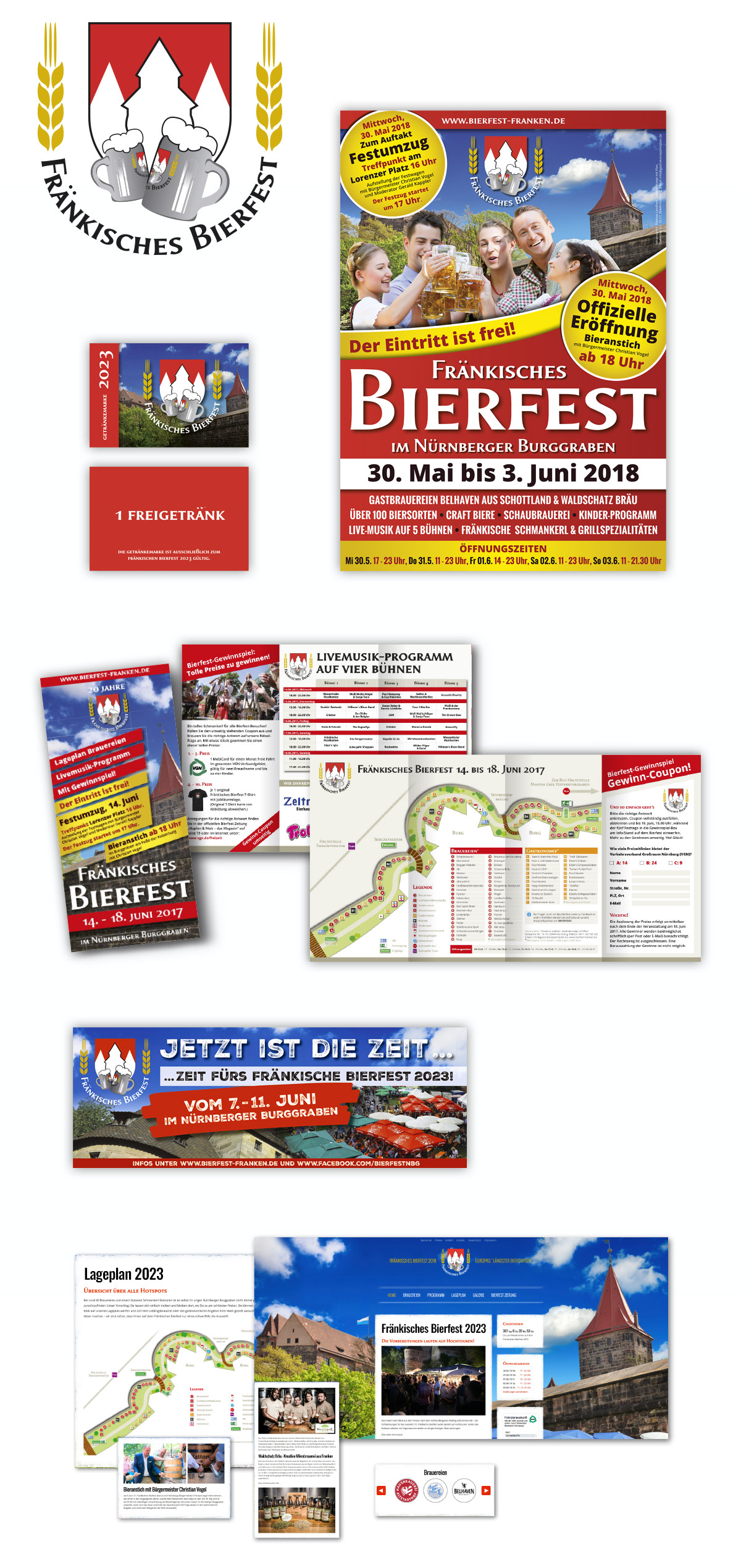 Logo Fränkisches Bierfest, Getränkemarken, Plakat, 6-seitiger Flyer, Anzeige, Internetauftritt, um das Corporate Design darzustellen