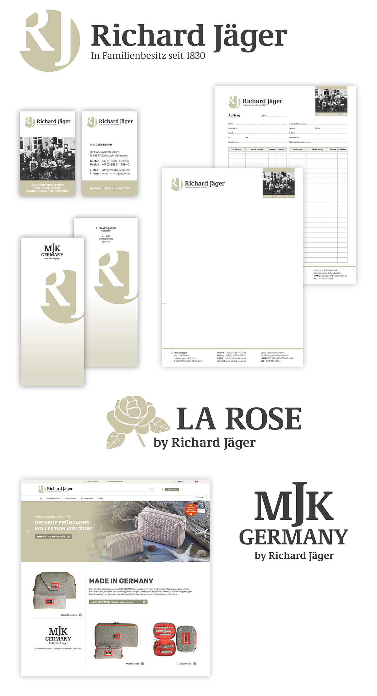 Richard Jäger Logo, Visual in Goldton, Text in Dunkelgrau; 2-seitige Visitenkarte, vorne Logo, historische Abbildung und Infotext, hinten Logo und Kontaktdaten; Einleger Blisterverpackungen, Briefbogen, Auftragsblock, Relaunch Logos "La Rose" und "MJK Germany"; Startseite Onlineshop