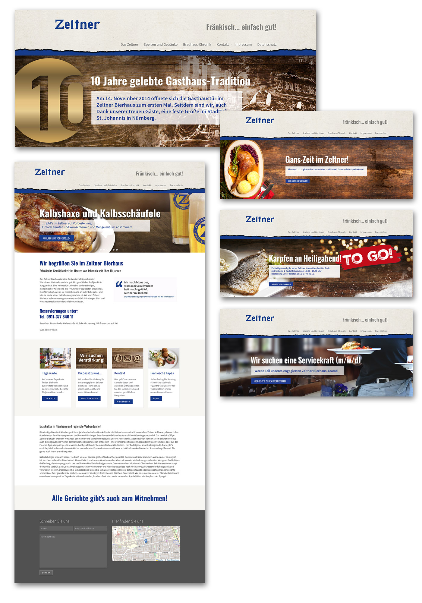 Startseite Website Zeltner Bierhaus; einzelne Header: Kalbshaxe mit Biergläsern auf rustikalem Holzhintergrund, Karpfen auf weihnachtlichem Holzhintergrund, Suche Servicekraft; 10 Jahre Jubiläum