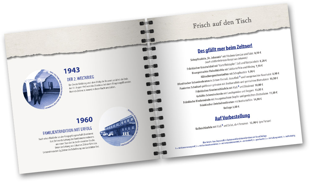 Innenteil Speisekarte aufgeschlagen, links historische Infos zu Zeltner Bier, rechts Speisen