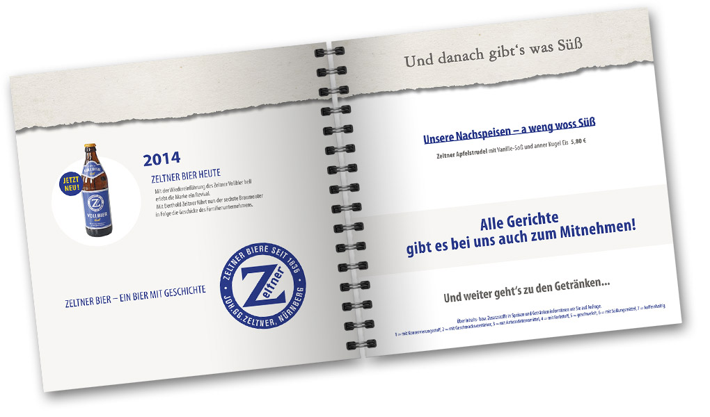 Innenteil Speisekarte aufgeschlagen, links historische Infos zu Zeltner Bier, rechts Speisen