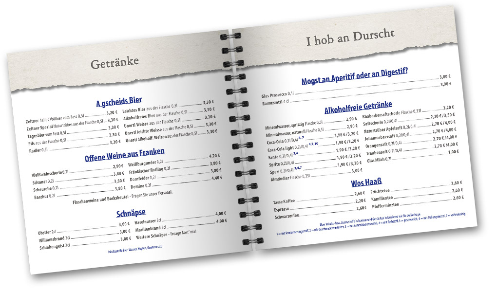 Innenteil Speisekarte aufgeschlagen, Getränkekarte