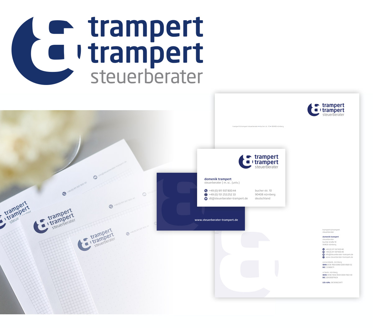 Blaugraues Logo trampert & trampert steuerberater; Geschäftsausstattung Schreibblöcke, Visitenkarten, Briefpapier