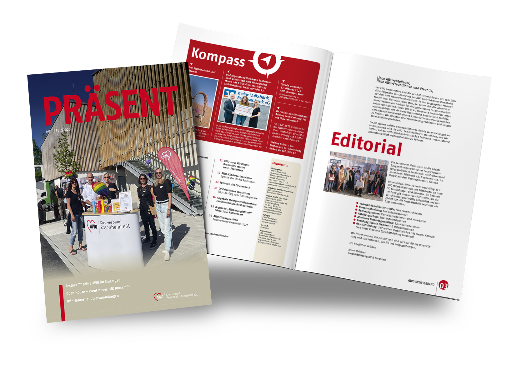 Titel Magazin AWO Präsent, dahinter schräg aufgeschlagene Doppelseite Inhalt und Editorial
