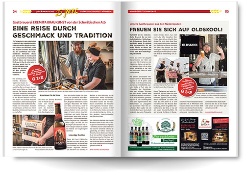 Magazin Fränkisches Bierfest Doppelseite Innenteil mit Brauereiartikeln aufgeschlagen
