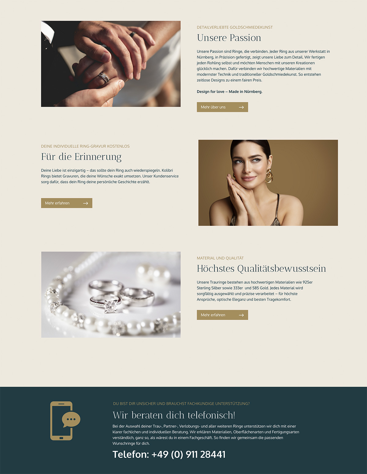Fortsetzung Referenz Startseite Onlineshop Kolibri Rings; Infos zu Goldschmiedkunst, Gravuren, Materialien, Beratung; Farben: Hintergrund beige, schwarzgrüne Fläche, goldfarbene Akzente, Motive: Hände Brautpaar, Frau mit Goldohrringen, Silberschmuck