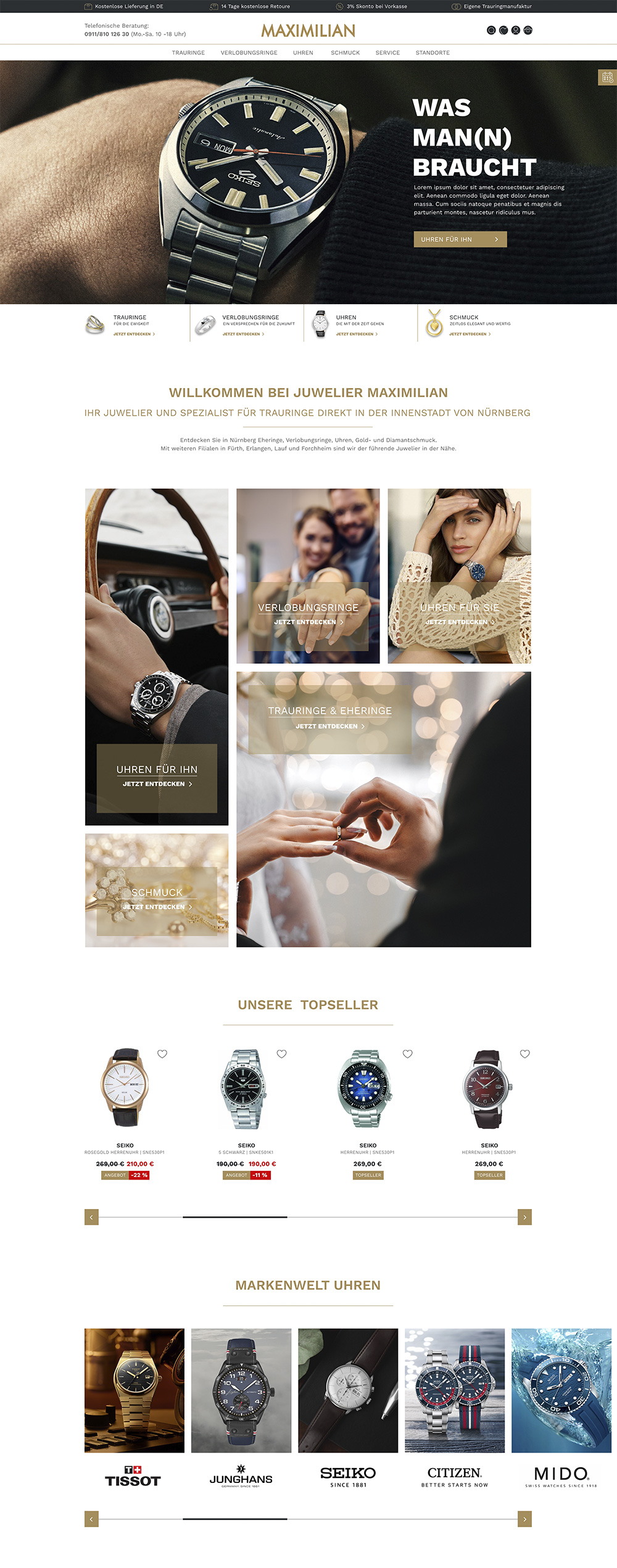 Startseite Onlineshop Maximilian; Slider SEIKO Herrenuhr an Handgelenk; Teaserblock Einkaufswelt Uhren, Schmuck und Trauringe; Produktslider Topseller; Markenwelte Uhren.