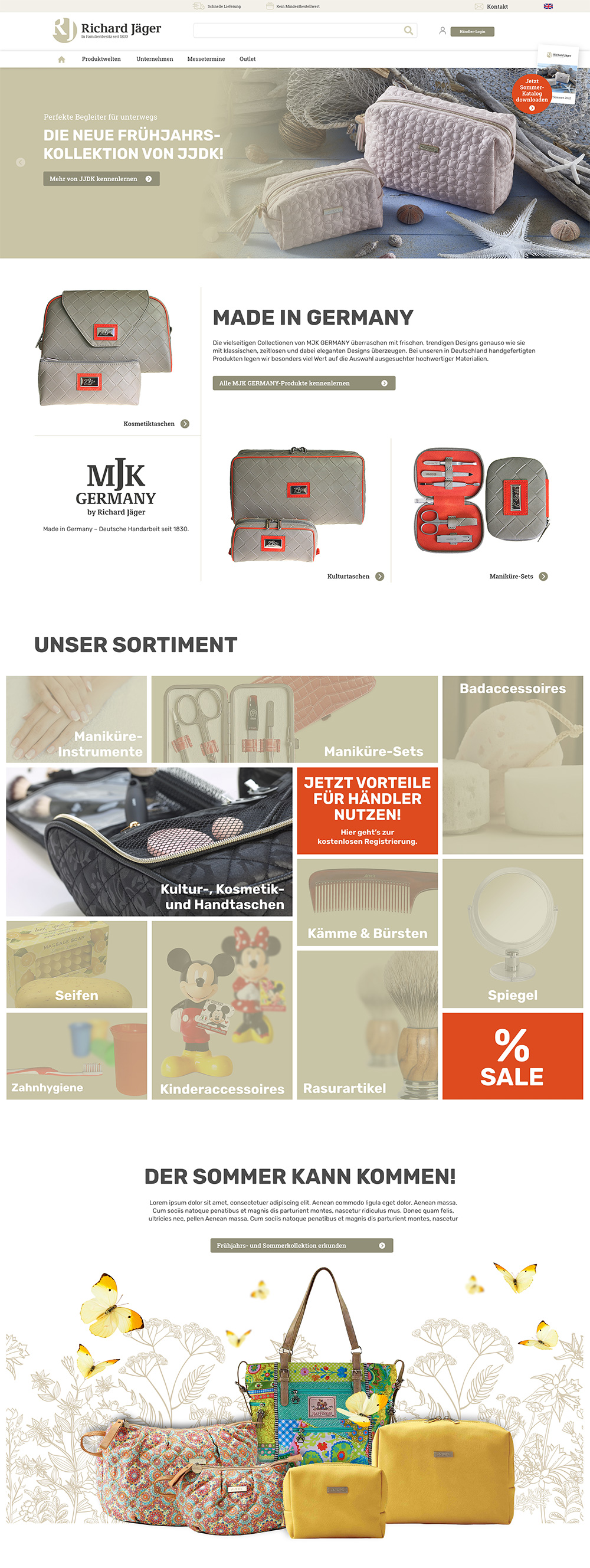 Referenz Startseite Onlineshop Richard Jäger; Kosmetik-, Maniküre- und Bad-Accessoires; Slider, Sortiment als Teaser-Raster; Composing Taschen Sommerkollektion; Layoutfarben weiß, beige, Akzentfarbe Dunkelorange 