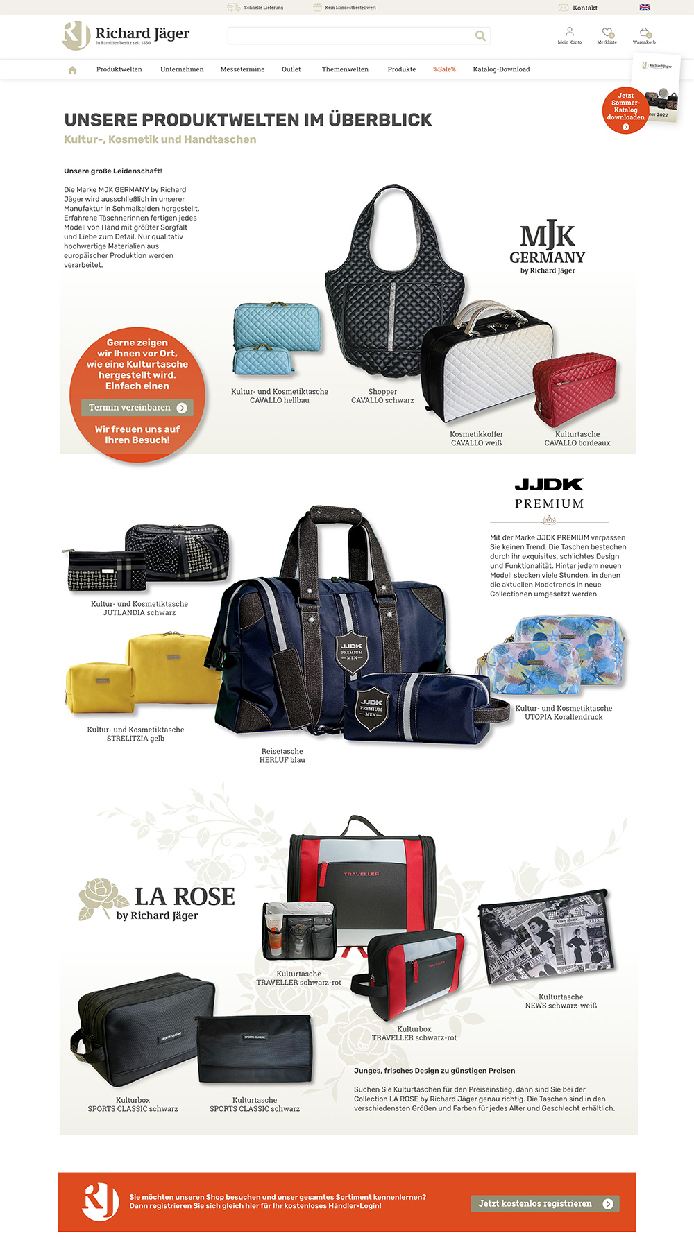 Referenz Seite Produktwelten Onlineshop Richard Jäger; Kosmetik-, Kultur- und Handtaschen; Produktcomposings von La Rose, JJDK Premium; MJK Germany; weißer Hintergrund mit beigen floralen Ornamenten abgesetzt, Akzentfarbe Dunkelorange..
