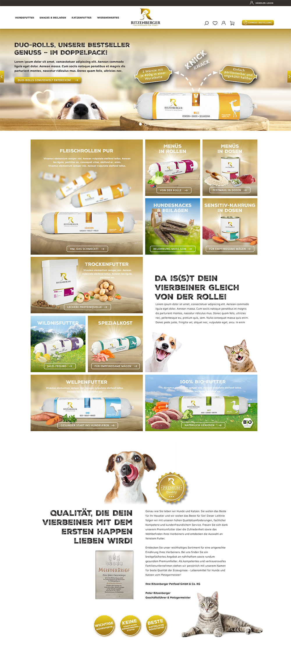Startseite Onlineshop, Slider: Kleiner niedlicher braunweißer Hund guckt über Rand der Küchentheke, auf der groß eine Duo-Roll-Wurst liegt. Anordnung von Teasern, die Produktpalette zeigen und zu Produkten verlinken. Danach Infos zum Unternehmen.
