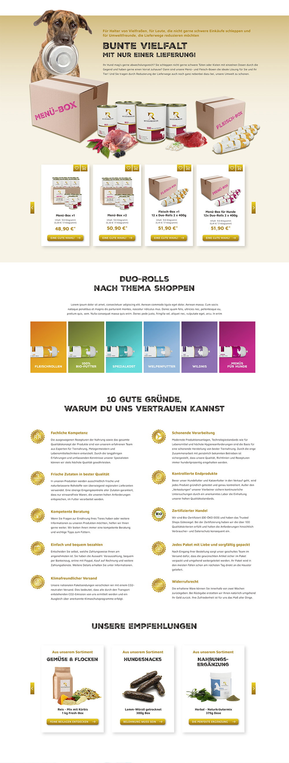 Unterer Teil der Startseite des Onlineshops: Slider Menüboxen, hinter dem ein Hund mit Schälchen im Maul vor einer Auswahl an Menüboxen und Dosenfutter sitzt; USPs und nach Thema shoppen; Empfehlungen