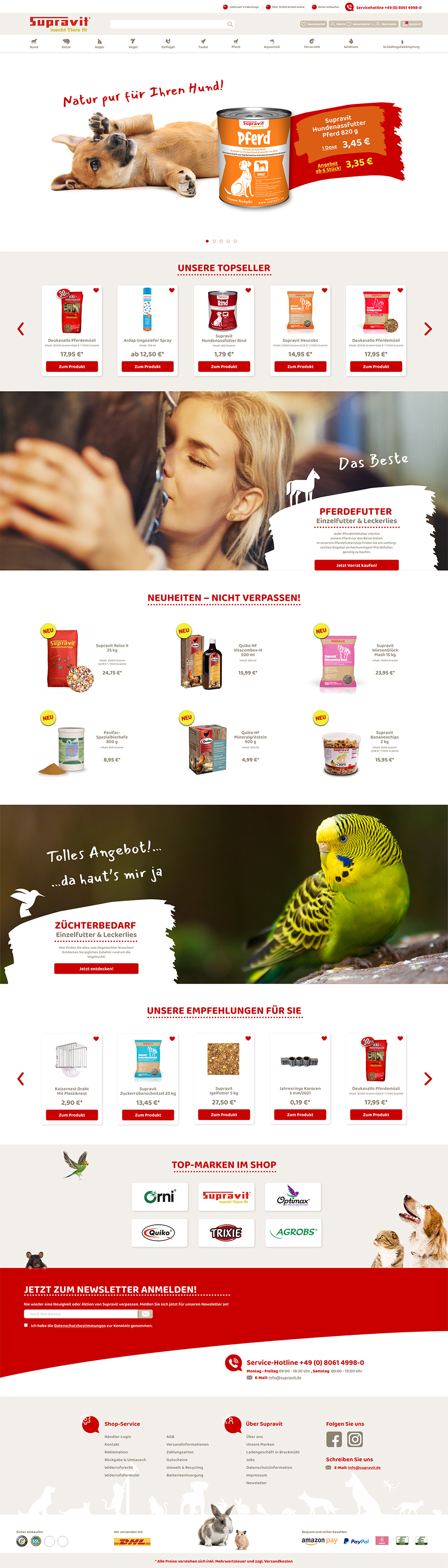 Startseite Onlineshop; Slider: Süßer champagnerfarbener Welpe liegt auf Rücken und hebt Pfote ans Ohr, davor Dose Hundefutter; Artikelslider Tiernahrung; Slider Pferdefutter: Hübsche blonde Frau küsst Wange ihres Pferdes; Artikel Neuheiten; usw.