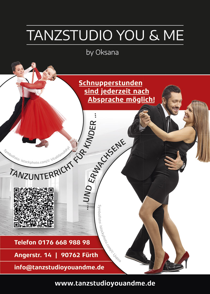 Flyer DIN A6 Tanzen für Kinder und Erwachsene Vorderseite; tanzendes Kinder- und Erwachsenenpaar in Tanzkleidern und Anzügen, Gestaltung in den Farben Schwarz, Rot, Weiß und Grau; Textinhalte, QR-Code, Kontakt, Logo