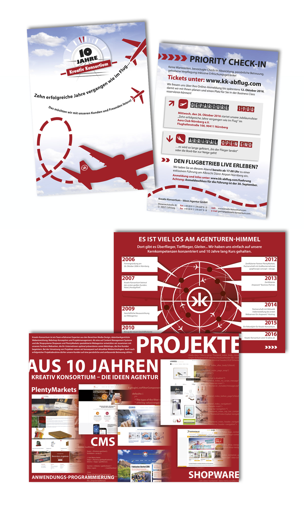 Plakat Kreuzbruch, rotes Flugzeug fliegt nach rechts aus Plakat, blauer Himmel, Wölkchen, kleine rote Flugzeuge wie bei Flugshow; Plakat offen hinten: Stationen der Firma in 10 Jahren; Plakat offen vorne: Screenshots Projektbeispiele
