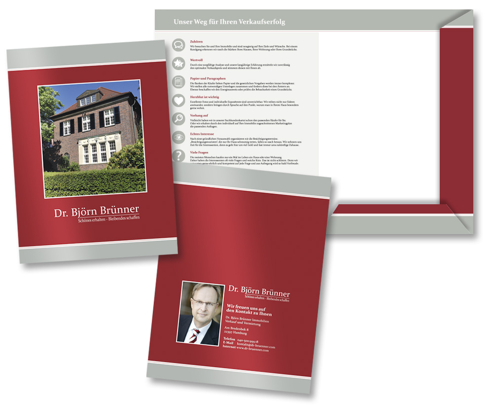 Präsentationsmappe in Weinrot mit grauem Abschlussband oben und unten, Titel hochwertige Altbauimmobilie, Logo; Mappe aufgeklappt: links USPs mit Icons, rechts Einstecklasche; Rückseite: Dr. Björn Brünner, Logo, Kontaktdaten