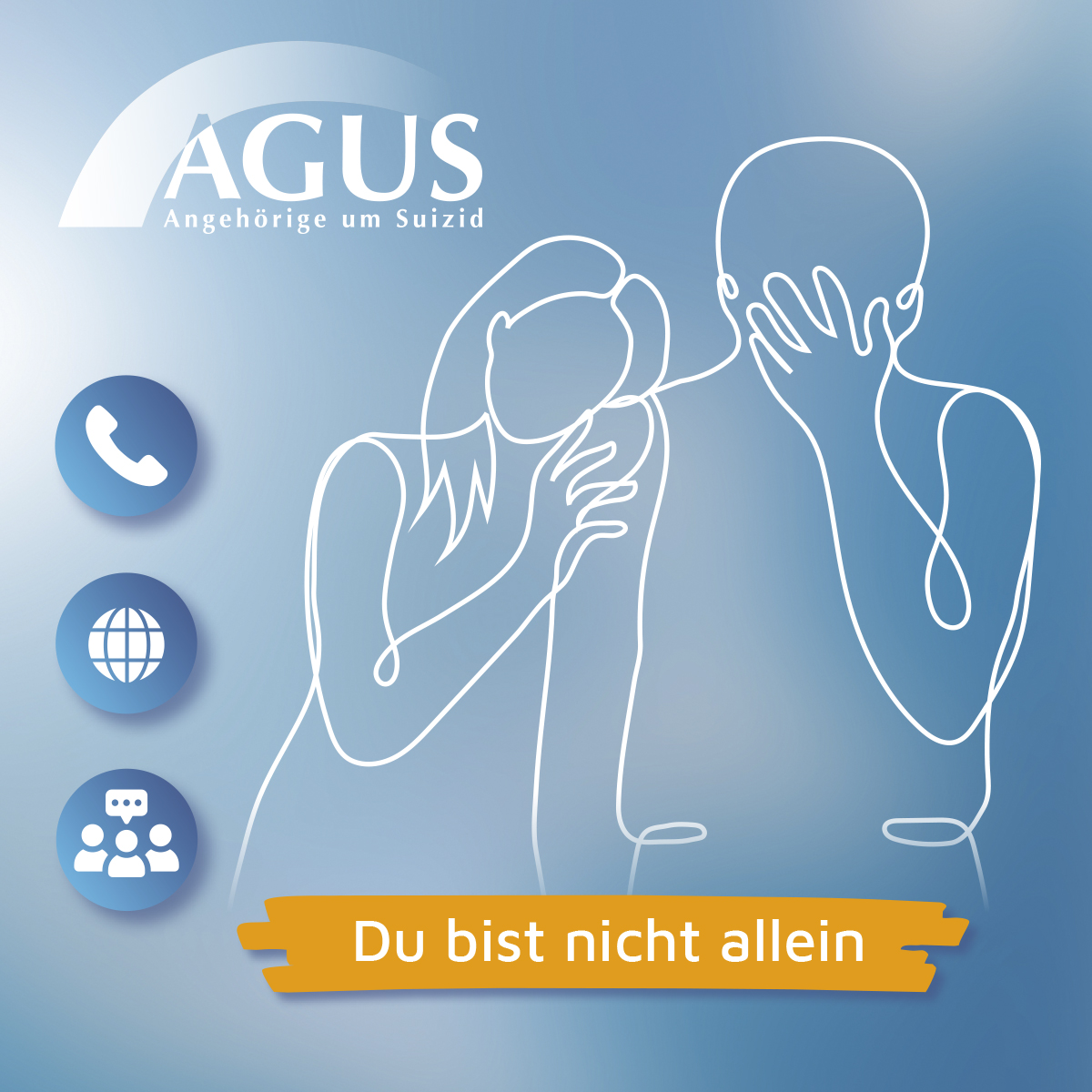 Teaser Quadrat verlinkt, Vorschau 4-seitiges Faltblatt AGUS – Angehörige um Suizid e.V.  zur "Trauerunterstützung"; Hintergrund graublauer Verlauf, Vordergrund weiße Strichzeichnung Frau tröstet Mann, Logo, Icons, Slogan auf orangefarbenem Wischer