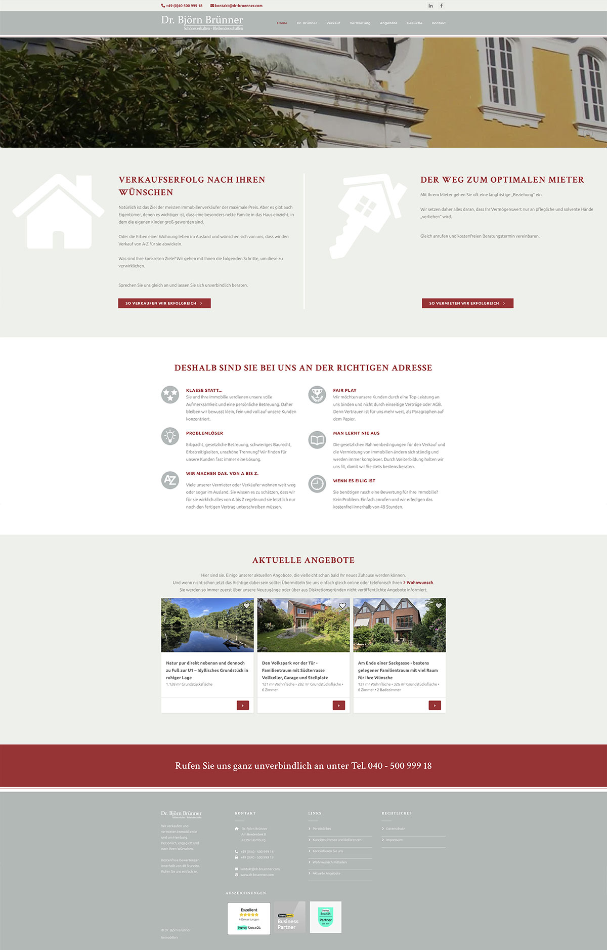 Fortsetzung Startseite Internetauftritt Dr. Brünner Immobilien: Content Immobiliennmotive, Verkauf und Vermietung, Vorteilskommunikation, Aktuelle Immobilienangebote, Footer; Farben Weiß, Weinrot, Hell- und Mittelgrau