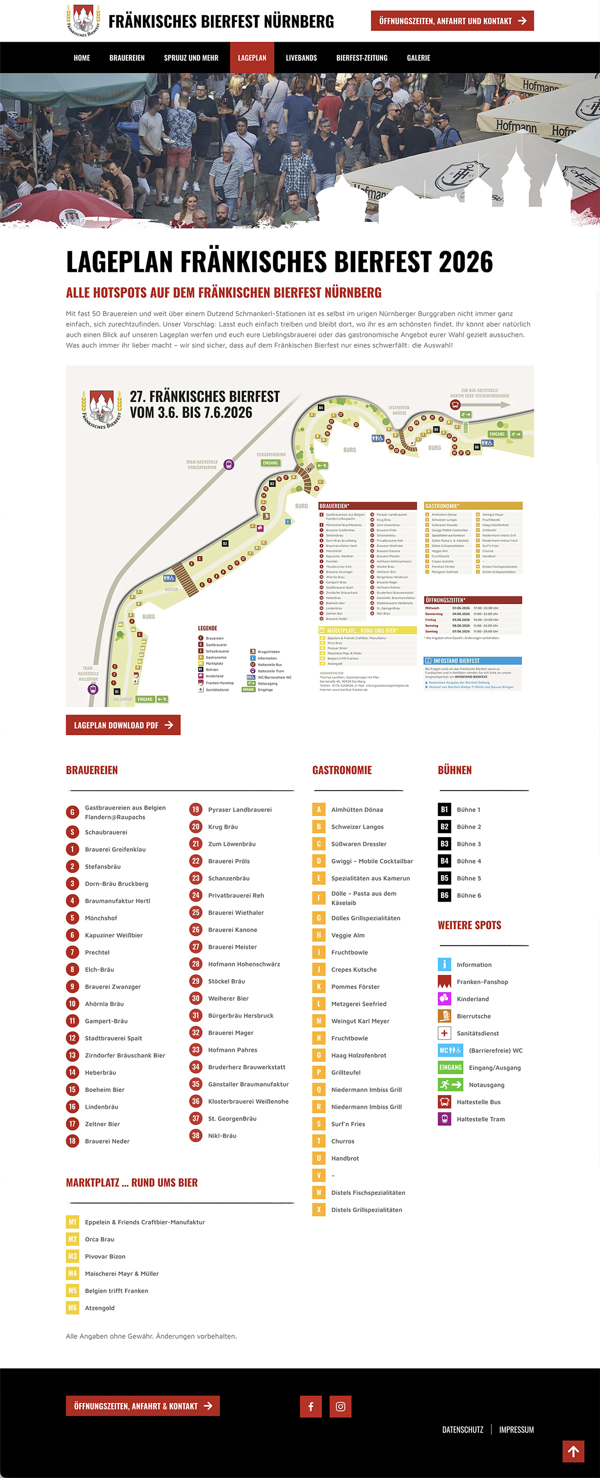 Headermotiv Ausschnitt von oben auf die Besuchermengen zwischen Bierständen in Burggraben, darunter Grafik und Liste Lageplan des Burggrabens mit Eintrag aller teilnehmenden Brauereien und Gastronomen