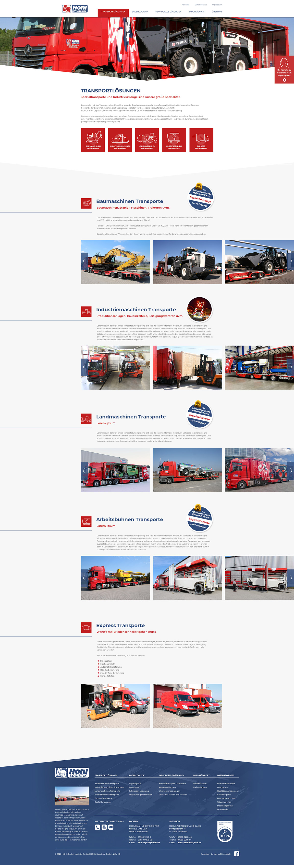 Internetauftritt Hohl Spedition Seite Transportlösungen; Slider mit großem rotem LKW, der Baumaschine transportiert; Footer