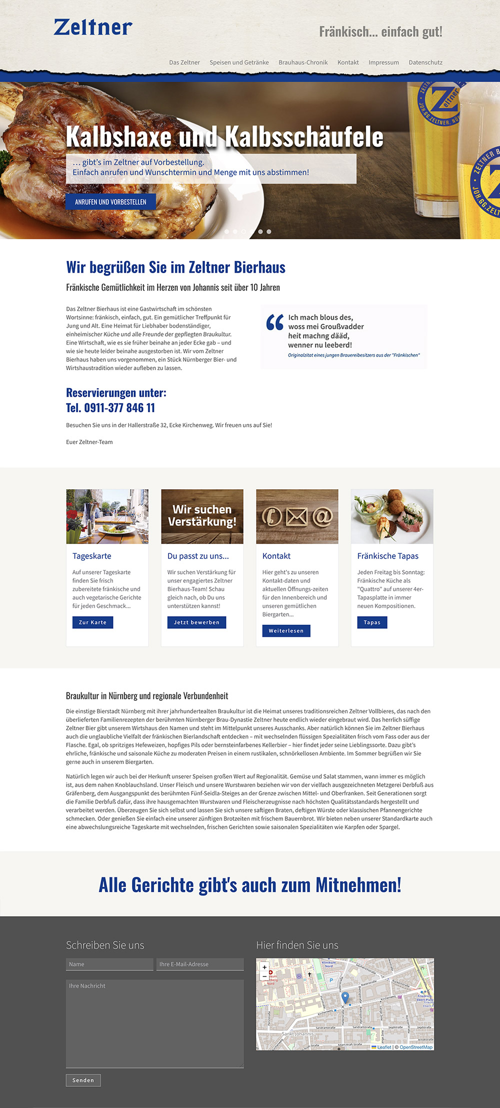 Startseite Internetauftritt Zeltner Bierhaus mit Slider, Content, Footer